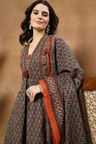 Printed Pure Cotton V-Neck Kurta & Palazzos With Dupatta