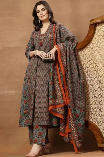 Printed Pure Cotton V-Neck Kurta & Palazzos With Dupatta