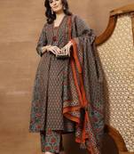 Printed Pure Cotton V-Neck Kurta & Palazzos With Dupatta