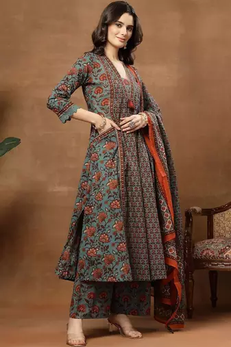 Printed Pure Cotton V-Neck Kurta & Palazzos With Dupatta
