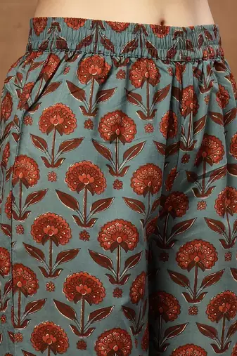 Printed Pure Cotton V-Neck Kurta & Palazzos With Dupatta