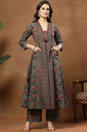 Printed Pure Cotton V-Neck Kurta & Palazzos With Dupatta