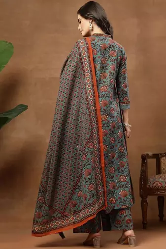 Printed Pure Cotton V-Neck Kurta & Palazzos With Dupatta