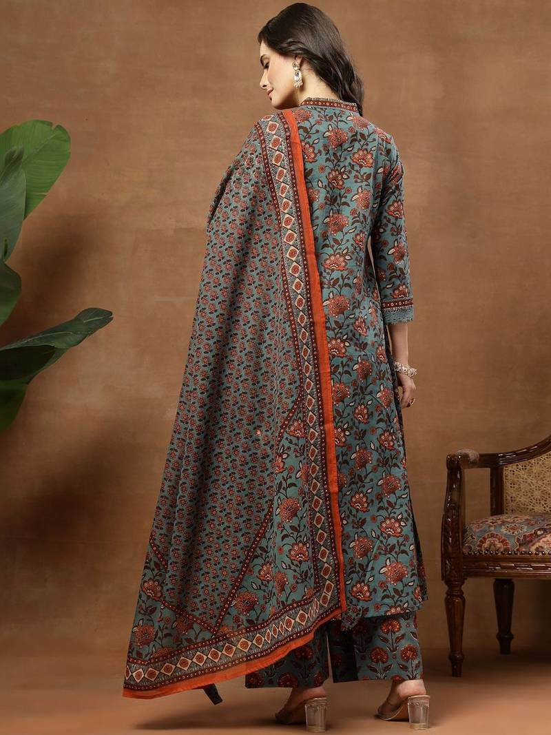 Printed Pure Cotton V-Neck Kurta & Palazzos With Dupatta