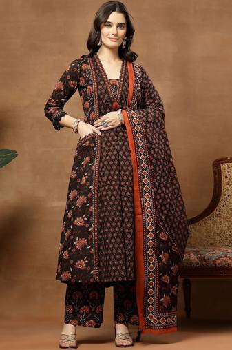 Printed Pure Cotton V-Neck Kurta & Palazzos With Dupatta