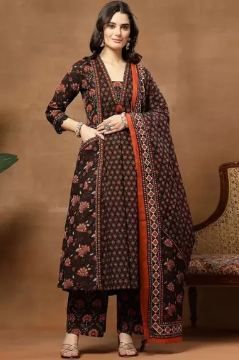 Printed Pure Cotton V-Neck Kurta & Palazzos With Dupatta