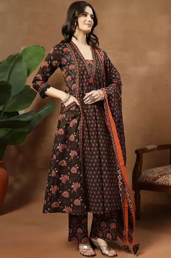 Printed Pure Cotton V-Neck Kurta & Palazzos With Dupatta