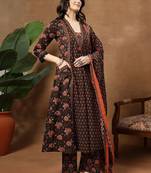 Printed Pure Cotton V-Neck Kurta & Palazzos With Dupatta