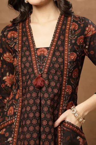 Printed Pure Cotton V-Neck Kurta & Palazzos With Dupatta