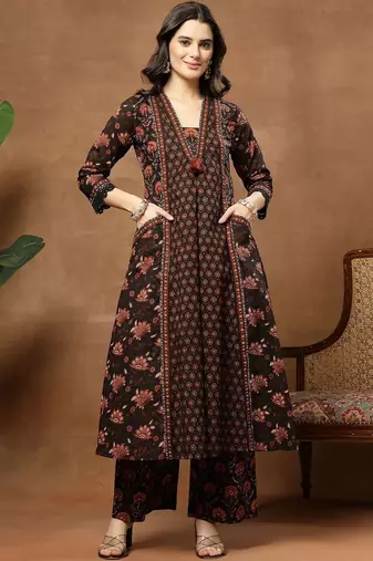 Printed Pure Cotton V-Neck Kurta & Palazzos With Dupatta