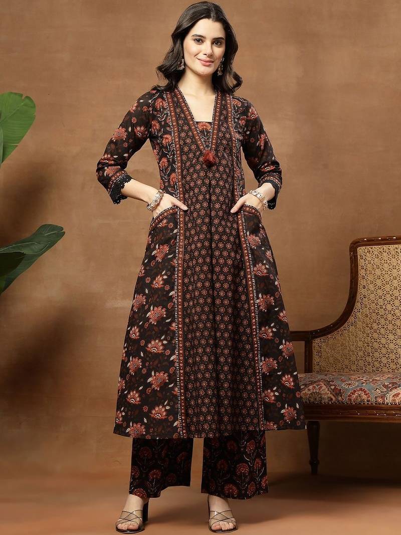 Printed Pure Cotton V-Neck Kurta & Palazzos With Dupatta