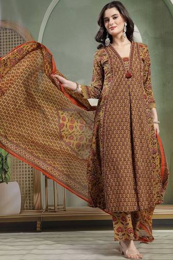 Printed Pure Cotton V-Neck Kurta & Palazzos With Dupatta