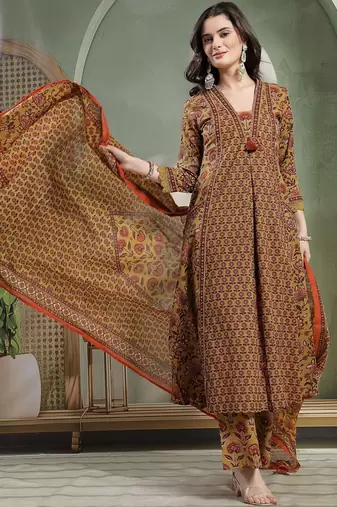 Printed Pure Cotton V-Neck Kurta & Palazzos With Dupatta