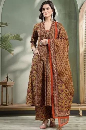 Printed Pure Cotton V-Neck Kurta & Palazzos With Dupatta