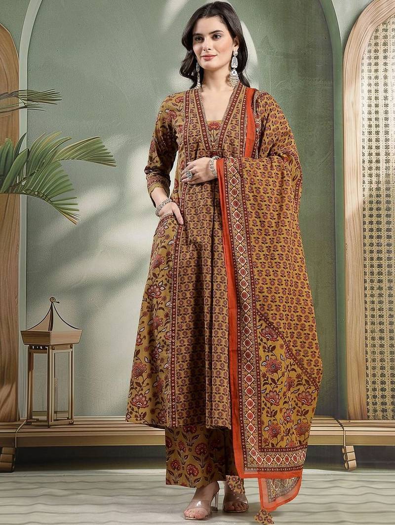 Printed Pure Cotton V-Neck Kurta & Palazzos With Dupatta