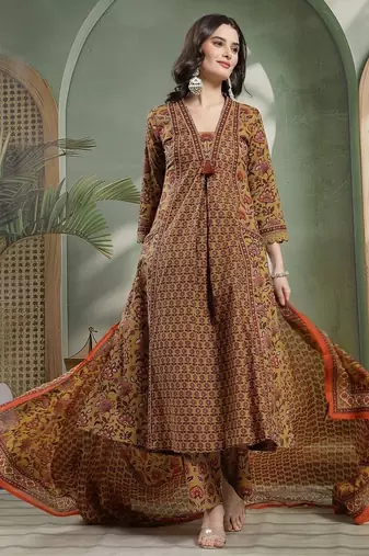 Printed Pure Cotton V-Neck Kurta & Palazzos With Dupatta