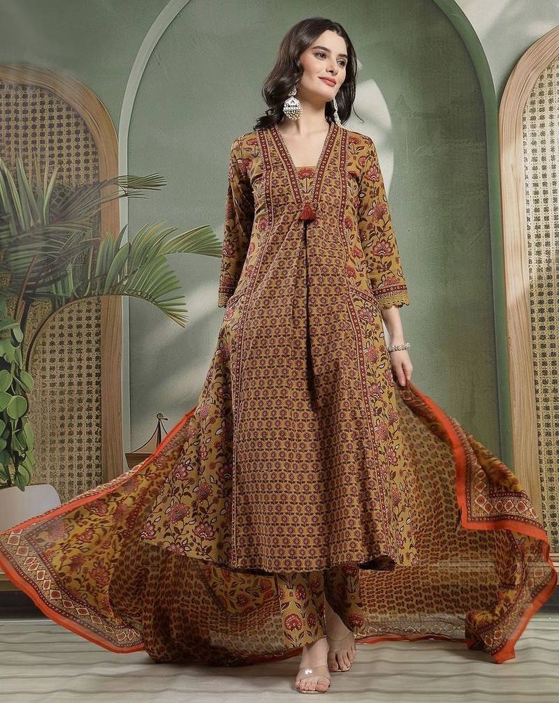 Printed Pure Cotton V-Neck Kurta & Palazzos With Dupatta