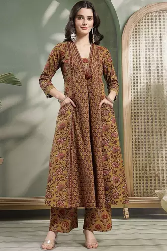 Printed Pure Cotton V-Neck Kurta & Palazzos With Dupatta