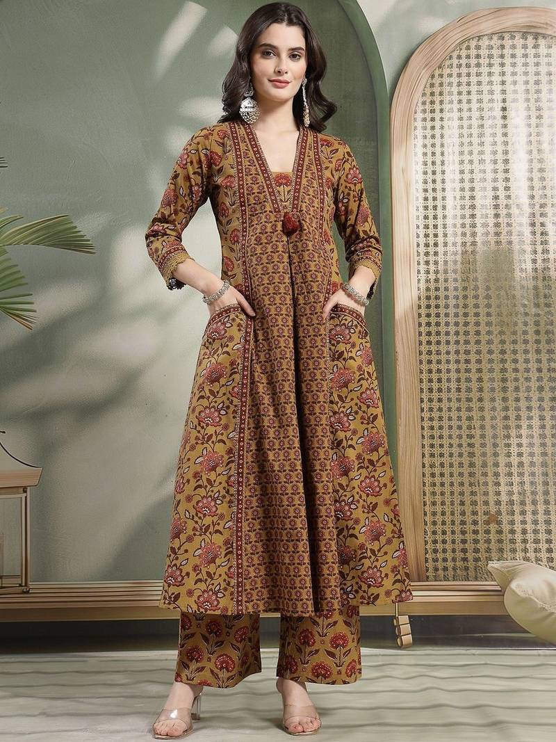 Printed Pure Cotton V-Neck Kurta & Palazzos With Dupatta