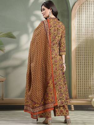 Printed Pure Cotton V-Neck Kurta & Palazzos With Dupatta 6