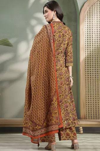 Printed Pure Cotton V-Neck Kurta & Palazzos With Dupatta