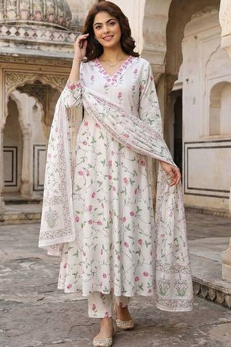 Women Floral Printed Panelled Pure Cotton Kurta with Trousers & With Dupatta