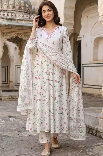 Women Floral Printed Panelled Pure Cotton Kurta with Trousers & With Dupatta