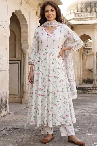 Women Floral Printed Panelled Pure Cotton Kurta with Trousers & With Dupatta