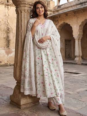 Women Floral Printed Panelled Pure Cotton Kurta with Trousers & With Dupatta 3