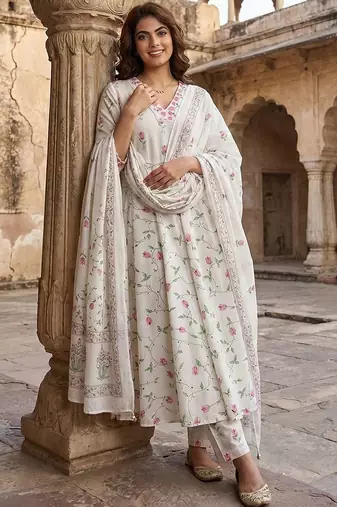 Women Floral Printed Panelled Pure Cotton Kurta with Trousers & With Dupatta