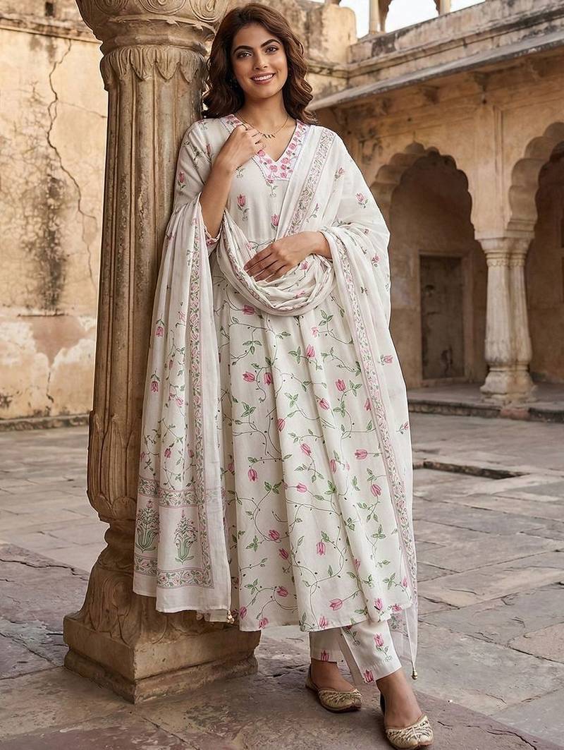 Women Floral Printed Panelled Pure Cotton Kurta with Trousers & With Dupatta