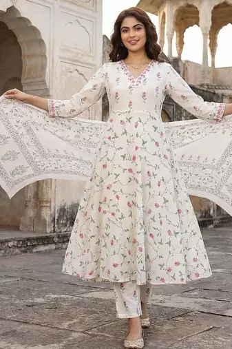 Women Floral Printed Panelled Pure Cotton Kurta with Trousers & With Dupatta