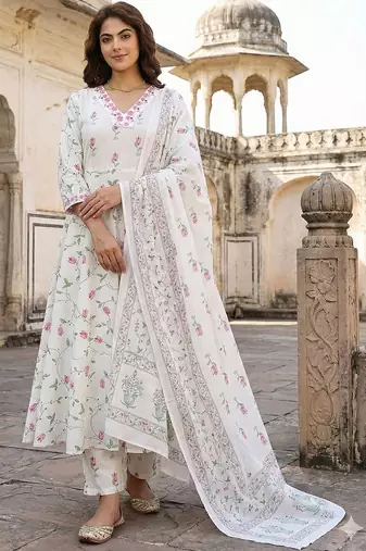 Women Floral Printed Panelled Pure Cotton Kurta with Trousers & With Dupatta