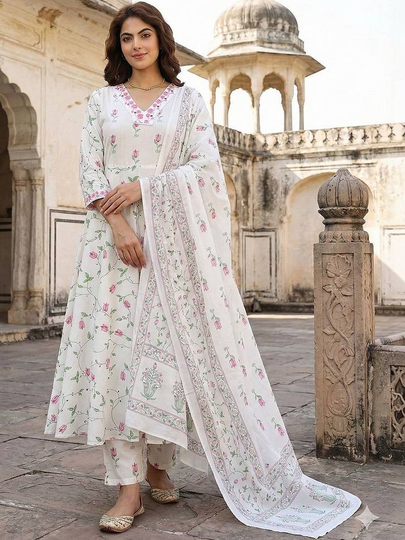 Women Floral Printed Panelled Pure Cotton Kurta with Trousers & With Dupatta