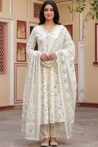 Floral Printed Regular Pure Cotton Kurta with Trousers & Dupatta