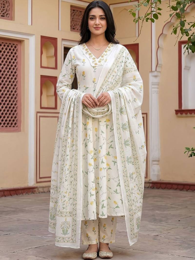 Floral Printed Regular Pure Cotton Kurta with Trousers & Dupatta