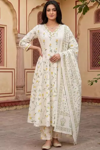 Floral Printed Regular Pure Cotton Kurta with Trousers & Dupatta