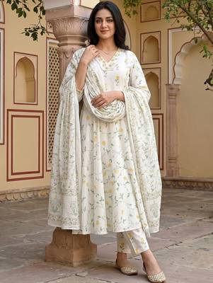 Floral Printed Regular Pure Cotton Kurta with Trousers & Dupatta 7