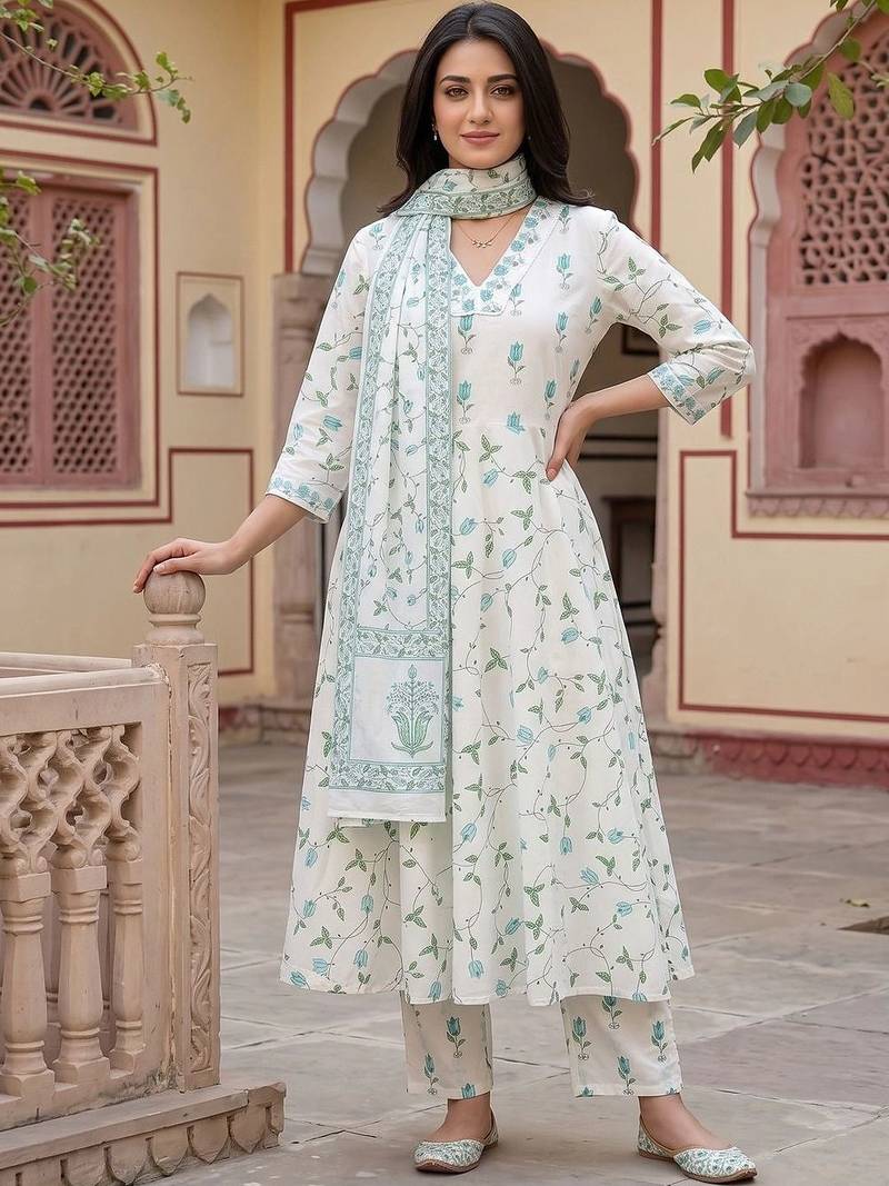 Women Floral Printed Regular Pure Cotton Kurta with Trousers & With Dupatta