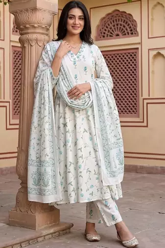 Women Floral Printed Regular Pure Cotton Kurta with Trousers & With Dupatta