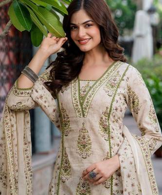 Women Floral Printed Regular Pure Cotton Kurta with Palazzos & With Dupatta 1