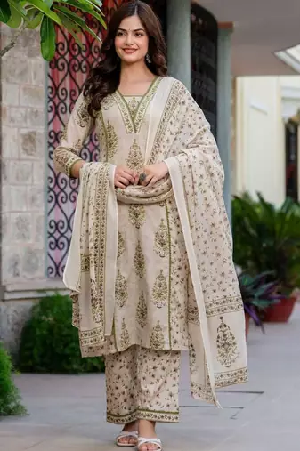 Women Floral Printed Regular Pure Cotton Kurta with Palazzos & With Dupatta