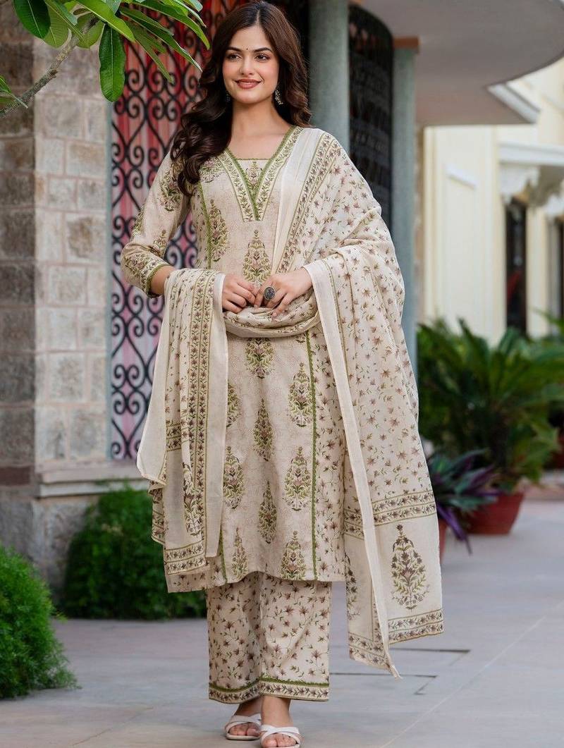 Women Floral Printed Regular Pure Cotton Kurta with Palazzos & With Dupatta