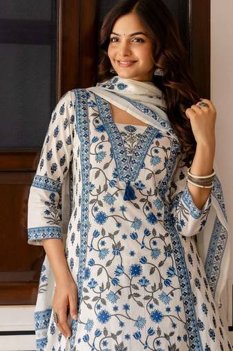 Women Floral Printed Cotton Kurta with Palazzo & Dupatta