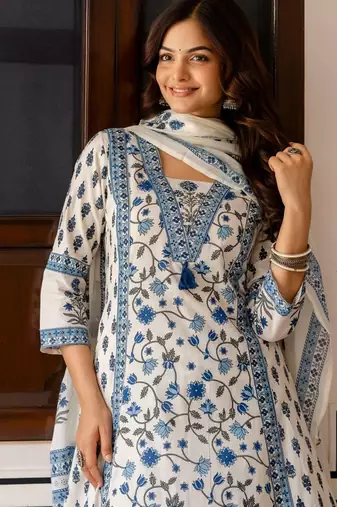 Women Floral Printed Cotton Kurta with Palazzo & Dupatta