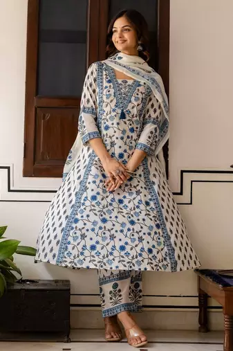 Women Floral Printed Cotton Kurta with Palazzo & Dupatta