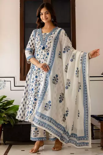 Women Floral Printed Cotton Kurta with Palazzo & Dupatta