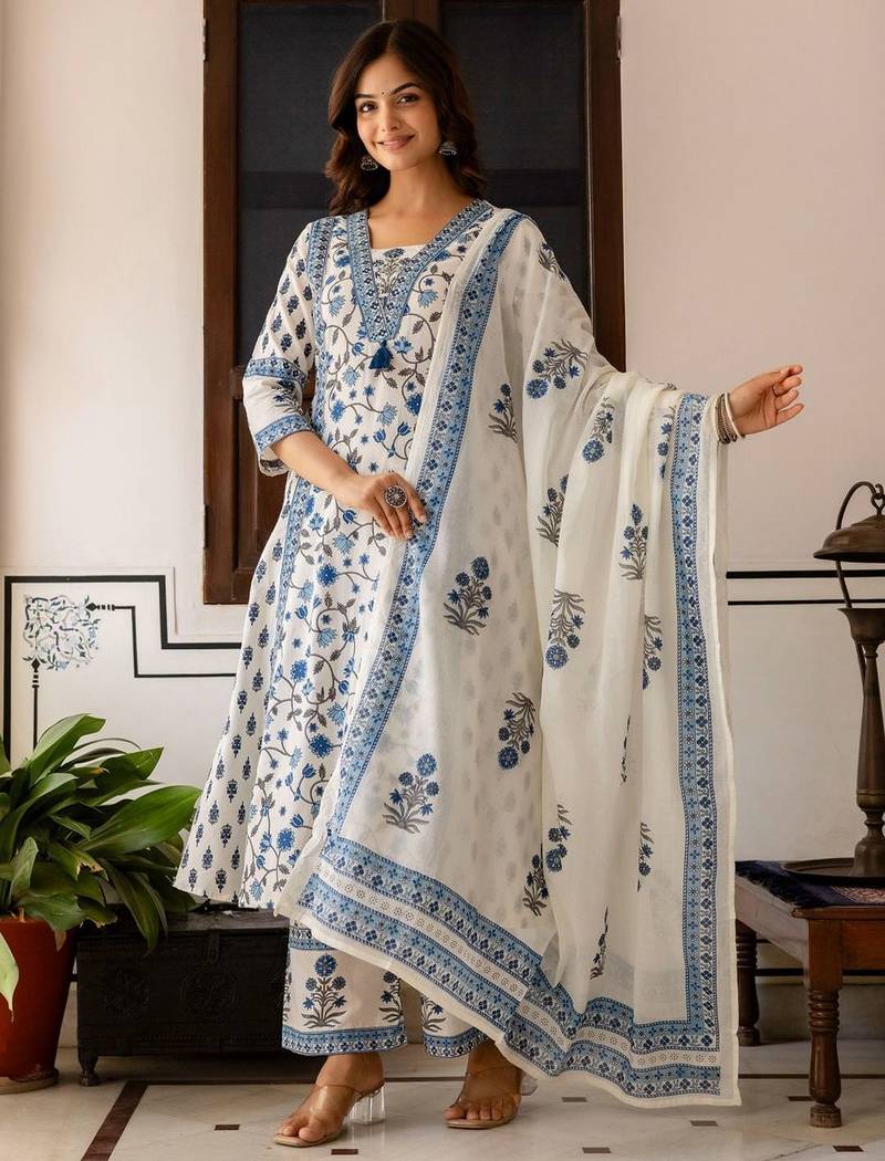 Women Floral Printed Cotton Kurta with Palazzo & Dupatta
