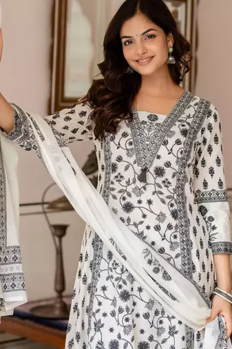 Women Floral Printed Sequinned Pure Cotton Kurta with Palazzos & Dupatta Kurta Sets