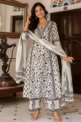 Women Floral Printed Sequinned Pure Cotton Kurta with Palazzos & Dupatta Kurta Sets